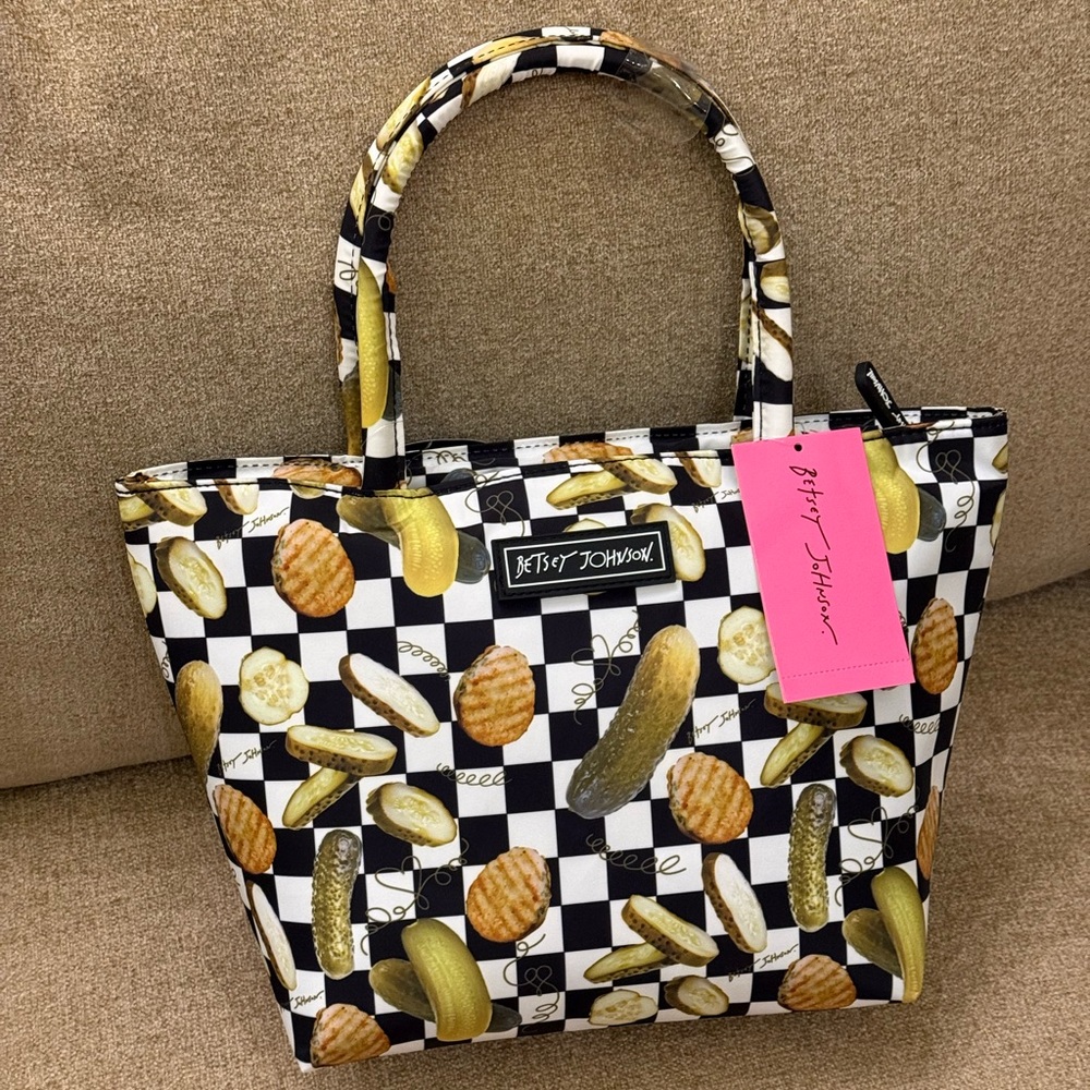 Betsey Johnson Black and White Checkered Pickle Print Tote